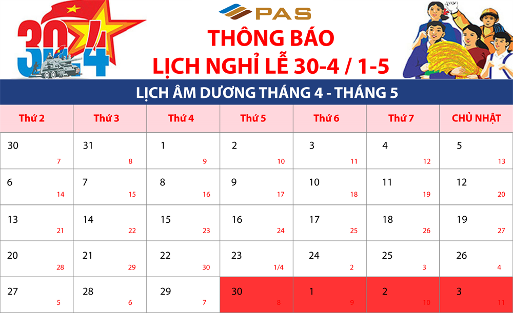 PAS Thông báo lịch nghỉ lễ 30/4 - 1/5/2020