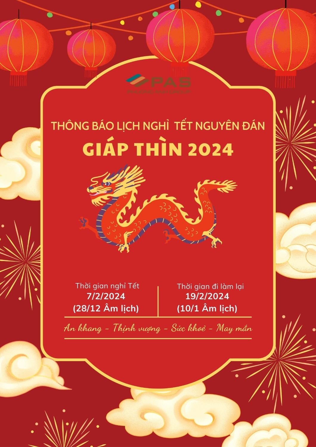 PHƯƠNG ANH GROUP THÔNG BÁO LỊCH NGHỈ TẾT NGUYÊN ĐÁN 2024